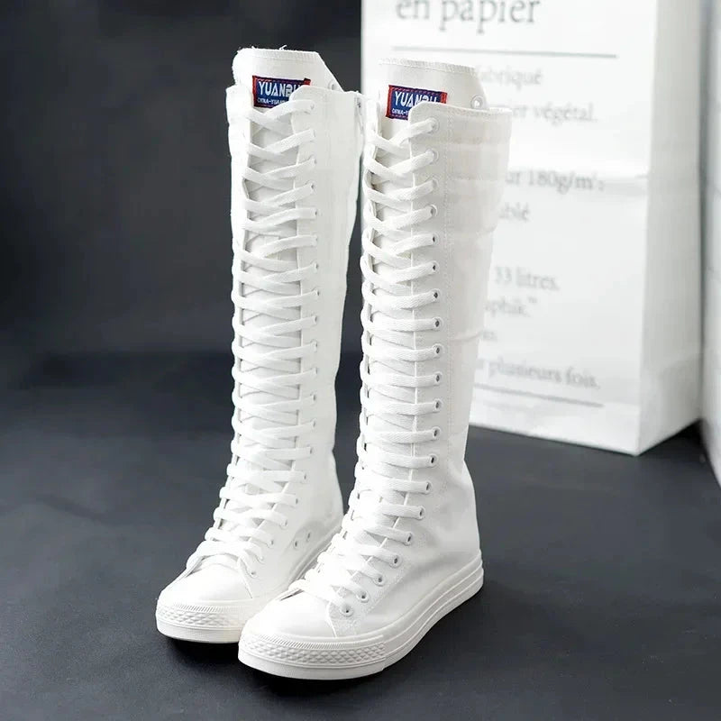 Canvas Long Boots for Women High Top Women Canvas Shoes Lace GlowCart