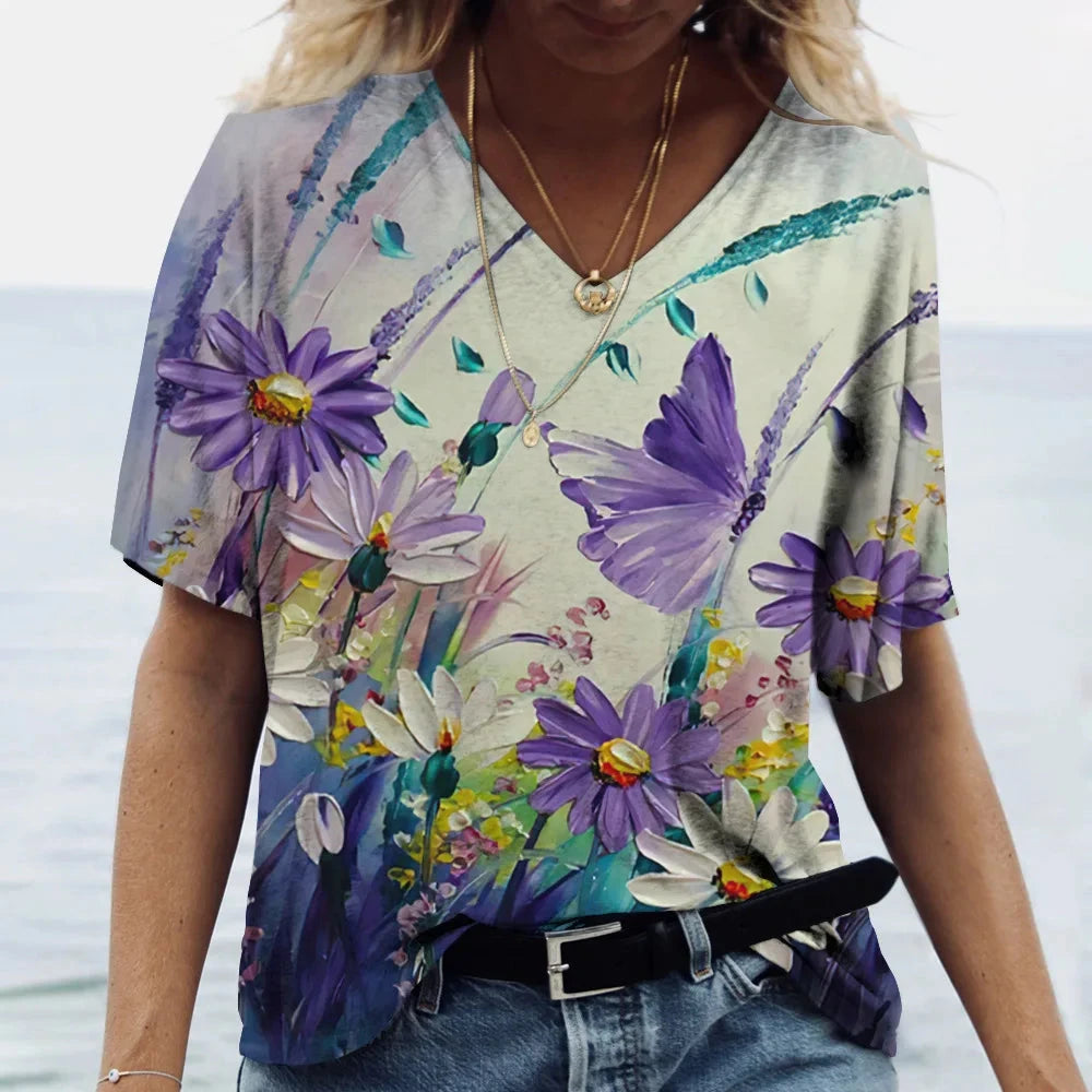 Women's T Shirts V-neck 3d Art Print Tops Loose Short Sleeve GlowCart