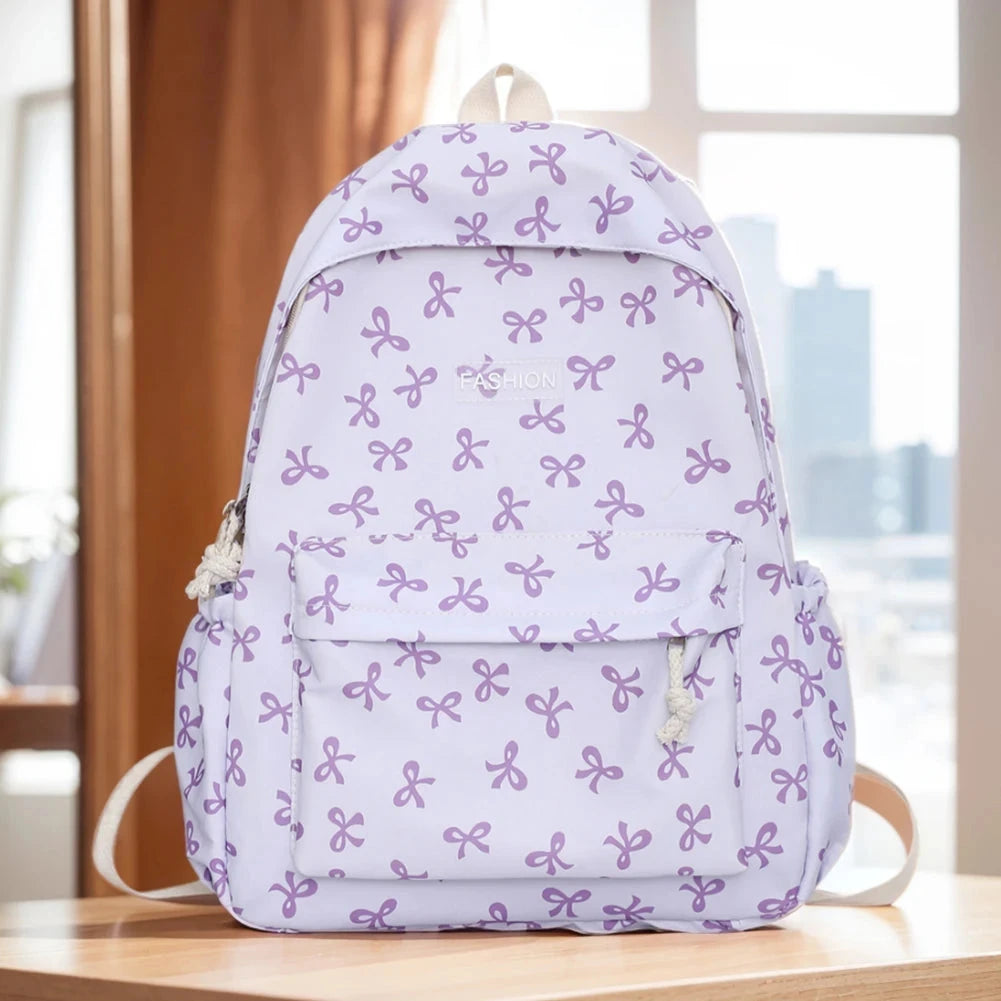 Nylon Student Backpack Bow Printed for Girls Women Schoolbag GlowCart