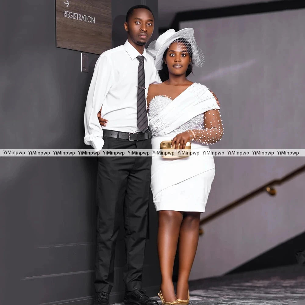 Mini Beaded Wedding Dresses 2025 Women Long Sleeve Pearls GlowCart