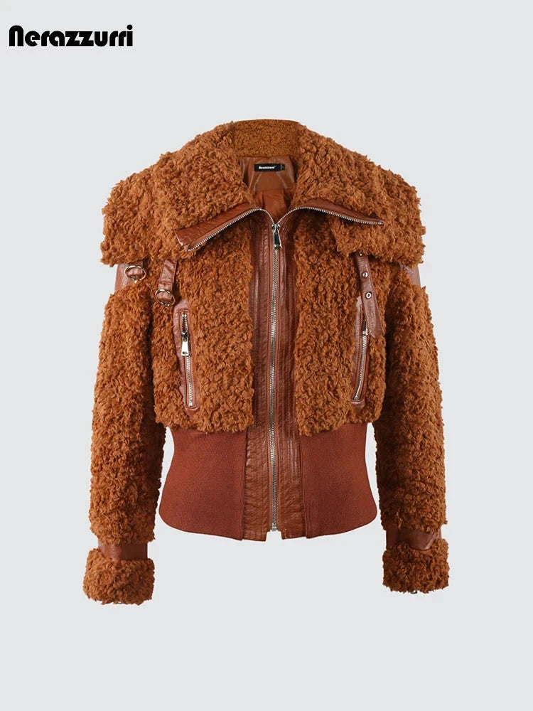 Nerazzurri Autumn Winter Chic Warm Pu Leather Patchwork Faux GlowCart