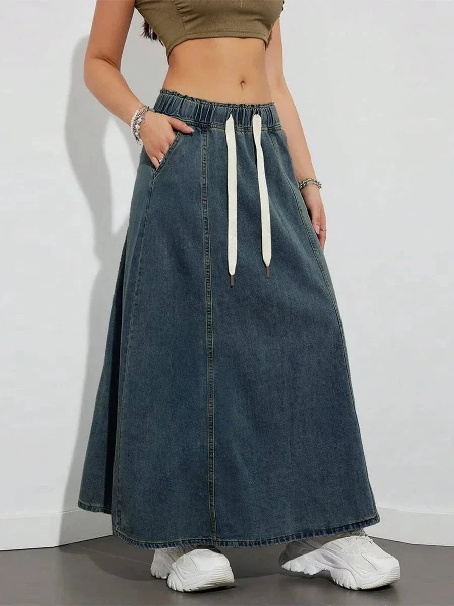 Harajuku Denim Skirt y2k Aesthetic Elastic Drawstring High Waist A Line Flare Jean Skirt Ladies Vintage Skirts Streetwear GlowCart