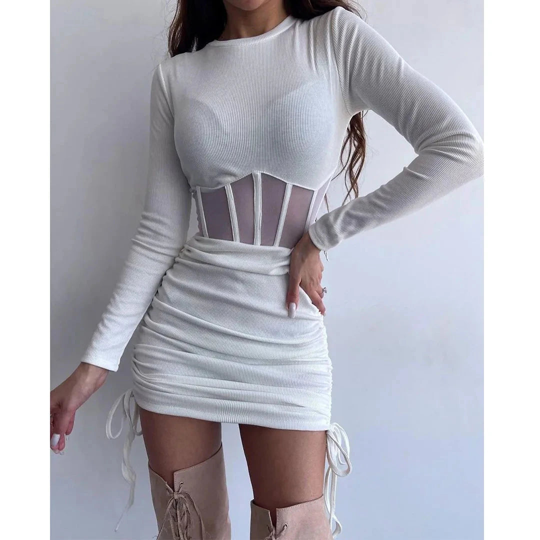 Shirring Mesh Hollow Out Bodycon Dress Women O Neck Long GlowCart