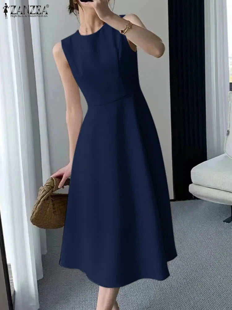 ZANZEA Women Sleeveless Pleated Dress 2025 Summer Korean GlowCart