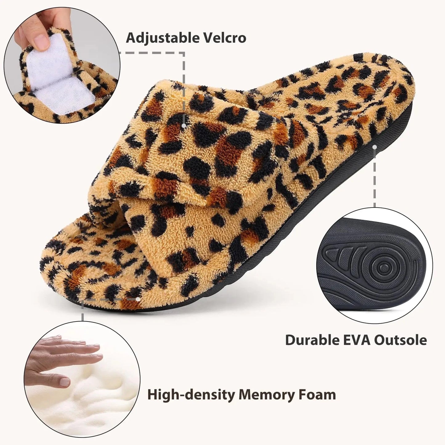 Shevalues Leopard Print Fur Women Slippers Fuzzy House Slippers Winter Open Toe Cotton Slippers Fashion Indoor Orthopedic Slides GlowCart