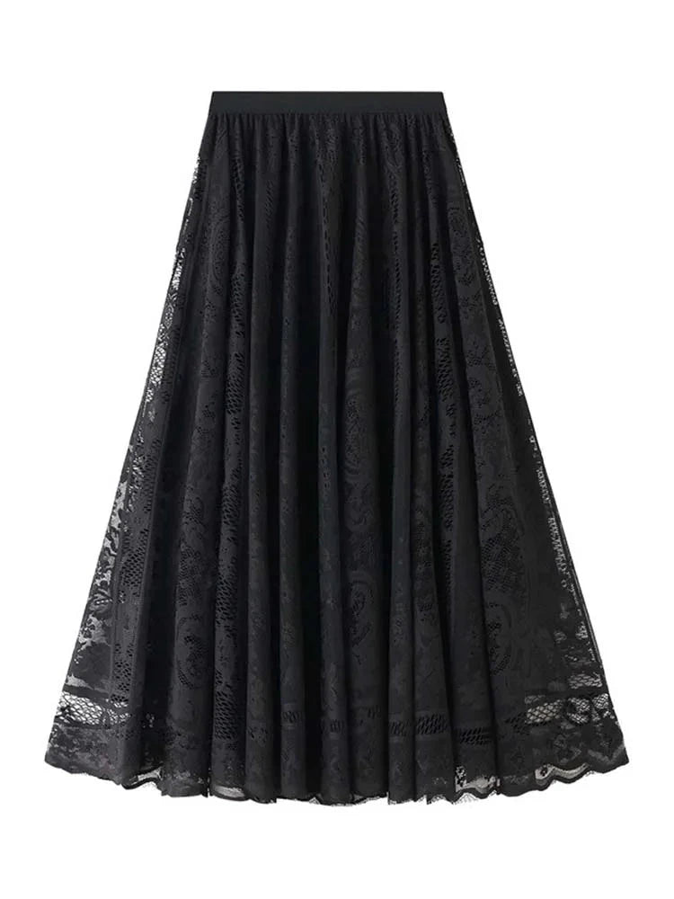 Spring Summer Women Lace Skirts Solid High Waist Elastic Vintage Elegant Office Ladies White Black Chic Long Skirts Jupe Longue GlowCart