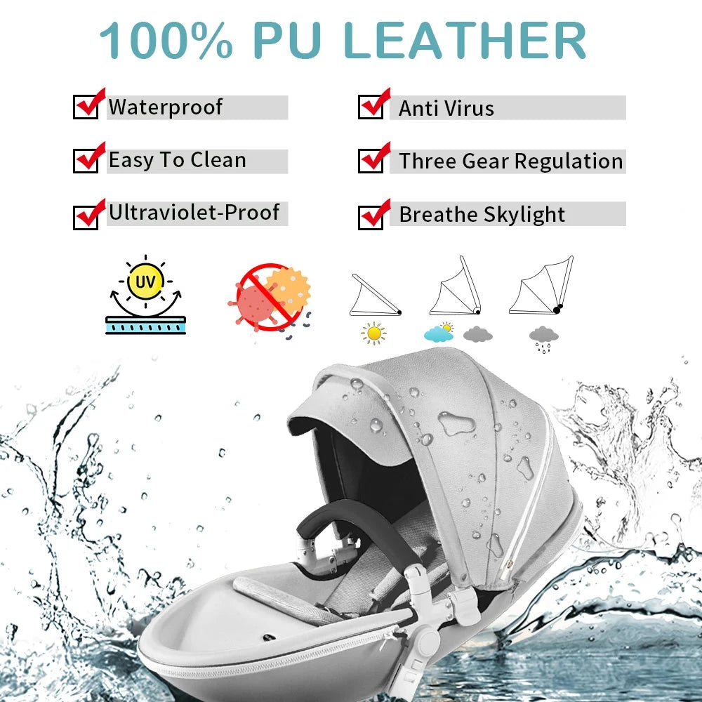 Hot Mom F023 Baby Stroller 2 in 1,Rotates 360 Degrees,PU Leather, Mosquito Net, Rain Cover, Adapter, Cup Holder, large wheels GlowCart