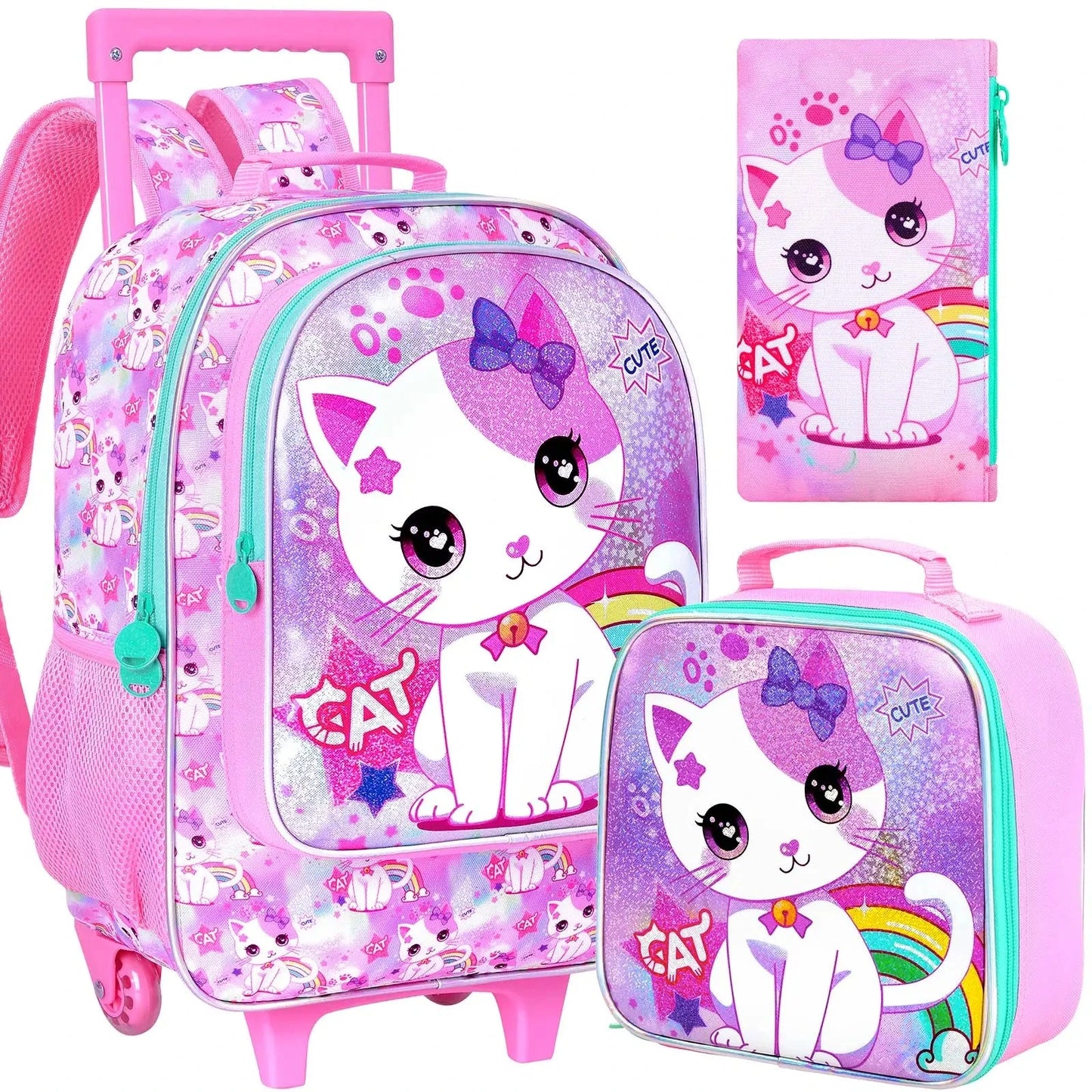 4PCS Rolling Backpack for Girls, Kids Cat Roller Wheels School Bookbag with Lunch Bag, Wheeled School Bag for Toddler Elementary GlowCart