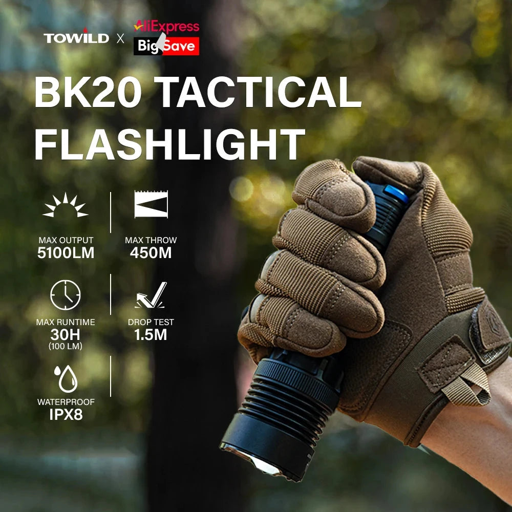 TOWILD BK20 Tactical Flashlight Rechargeable 5100lm Ultra GlowCart