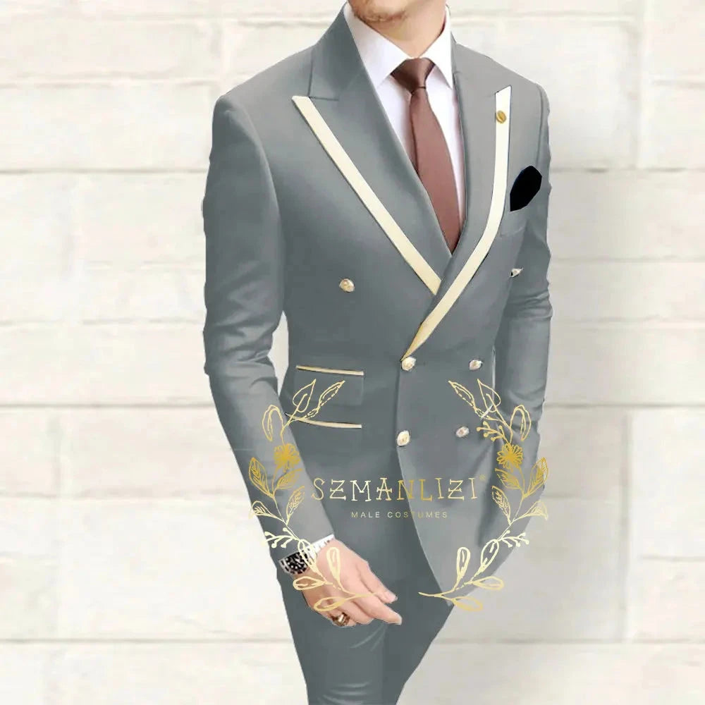 Double Breasted Men's Suits Navy Blue Peaked Lapel Slim Fit GlowCart