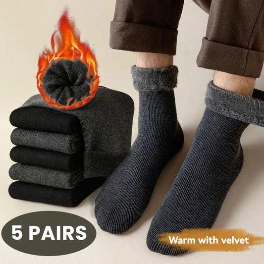 5 Pairs Men's Thick Warm Snow Hiking Socks For Cold Weather, Soft Comfortable Long Socks, Black, Winter GlowCart
