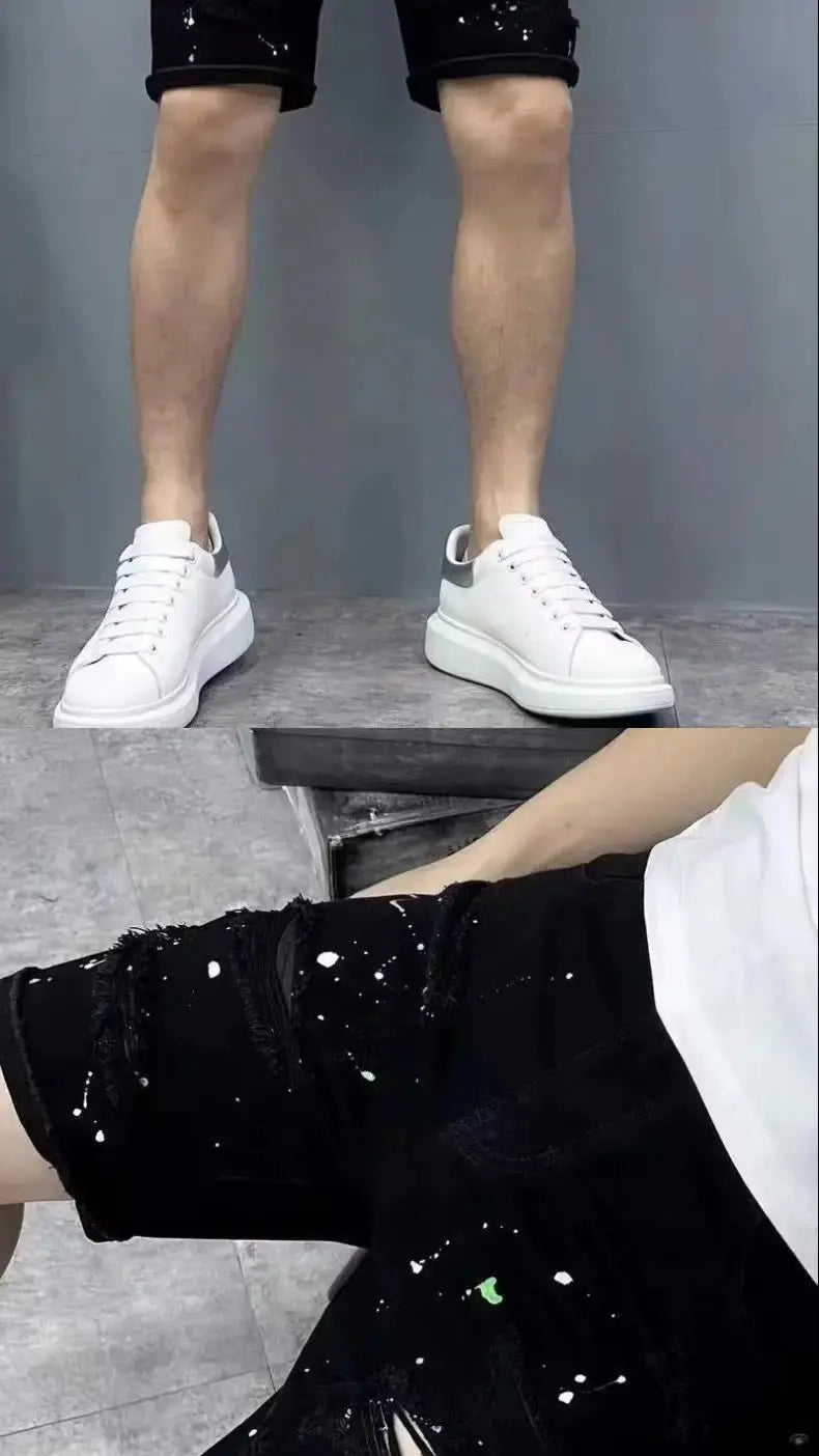 Summer Casual Men's Denim Shorts Korean Straight Washed Jeans Short Ins Ripped Cat Whisker Ink Splash Plaid Black Five-Pants GlowCart