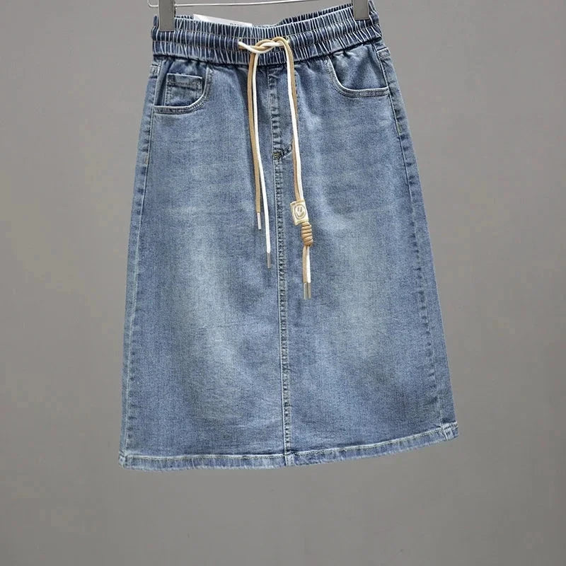 Korean Lady Large Size 5XL Denim Maxi Skirt Spring Summer Women Lace Up Jeans Long Skirts Femme In Half Body Cowboy A-line Skirt GlowCart