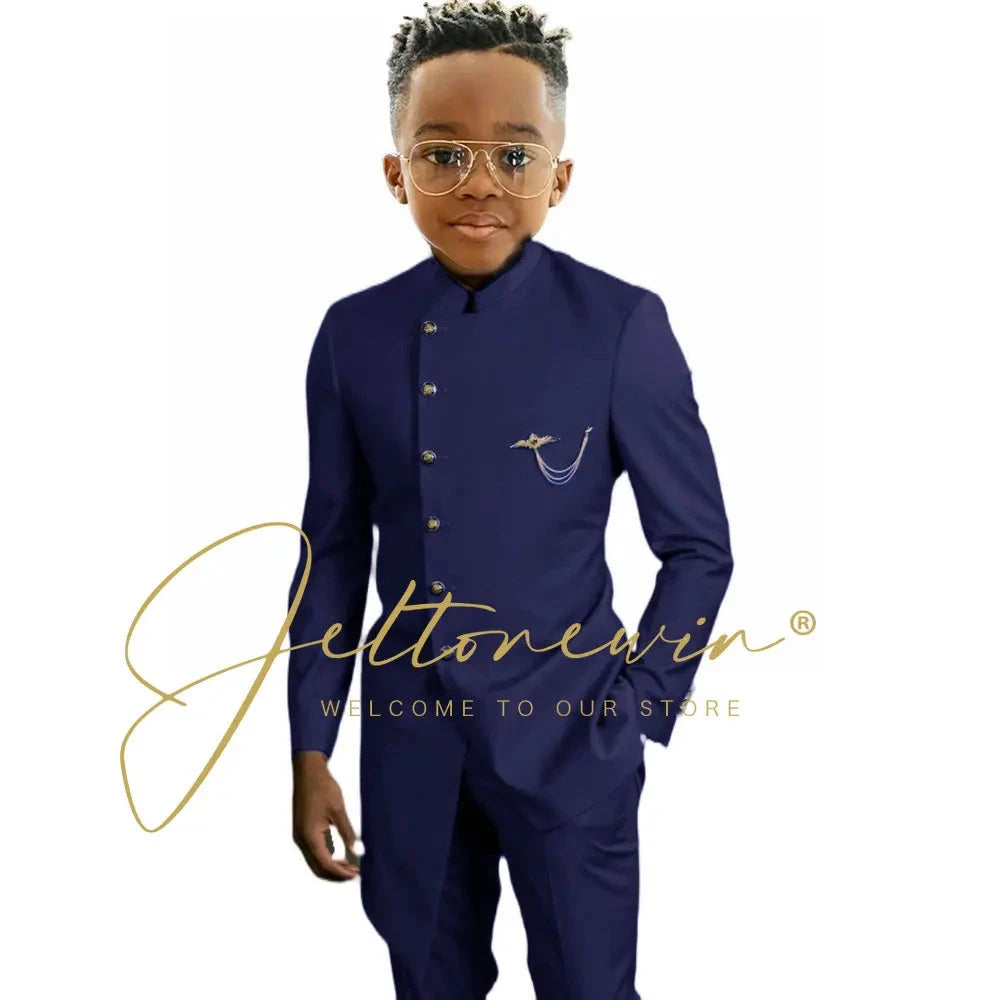 Royal Blue African Design Boys Suits Set For Wedding Formal Tuxedo Kids Costume Piano Performance Children Tailor Made GlowCart