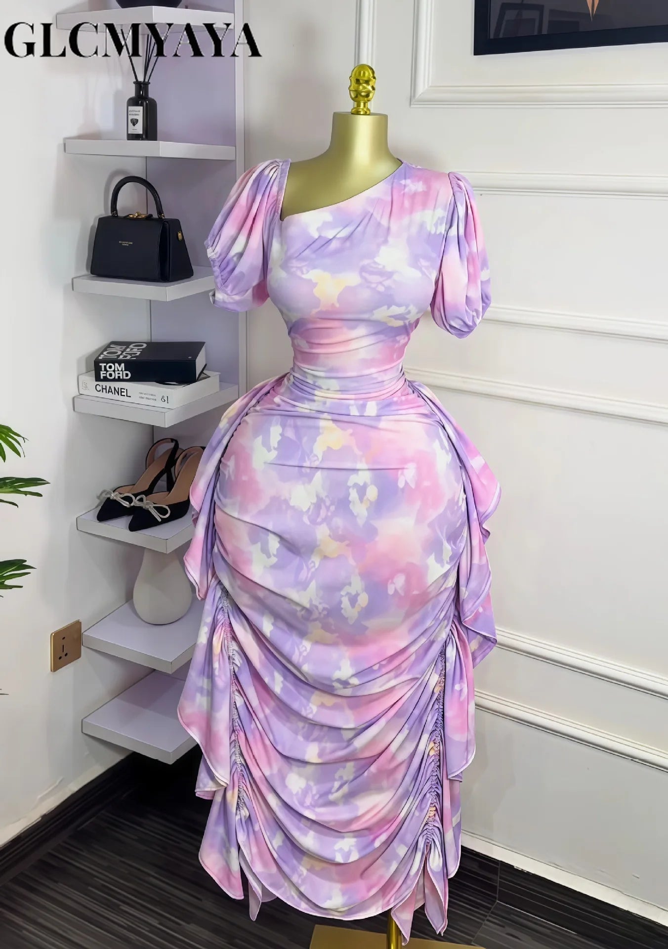 GLCMYAYA Women Tie Dye Printed Skew Neck Ruched Stacked Bodycon Midi Maxi Long Dress 2025 Vacation Holiday Sexy Vestidos Dresses GlowCart