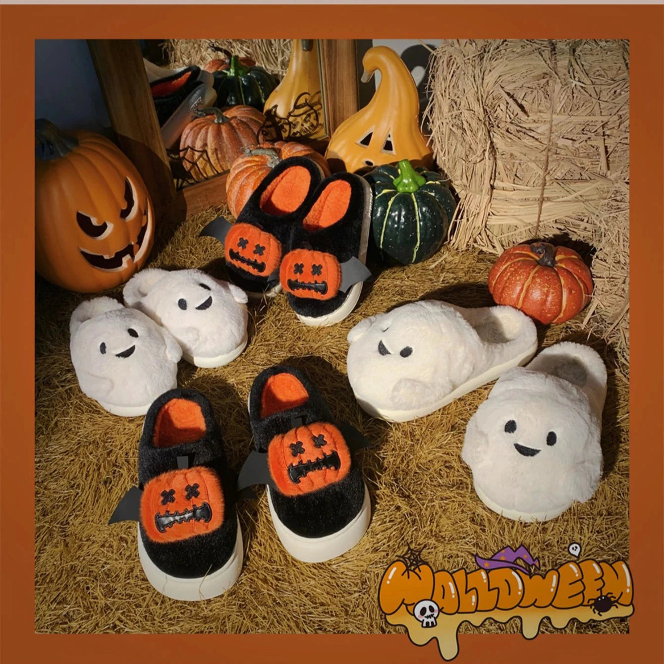 Halloween Ghost Pumpkin Bat Design Women Winter Slippers GlowCart