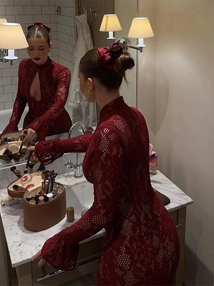 Fashion Lace Floral Midi Dress For Women Sexy Hollow Out GlowCart