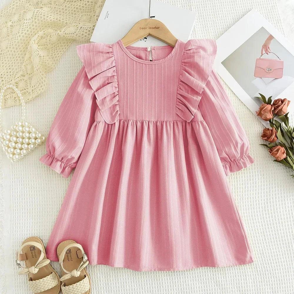 Plain Casual Girls Dress Autumn Long Sleeved Pleated Kids Dresses for Girls Pink Clothes Fashionable New Children's Clothing GlowCart