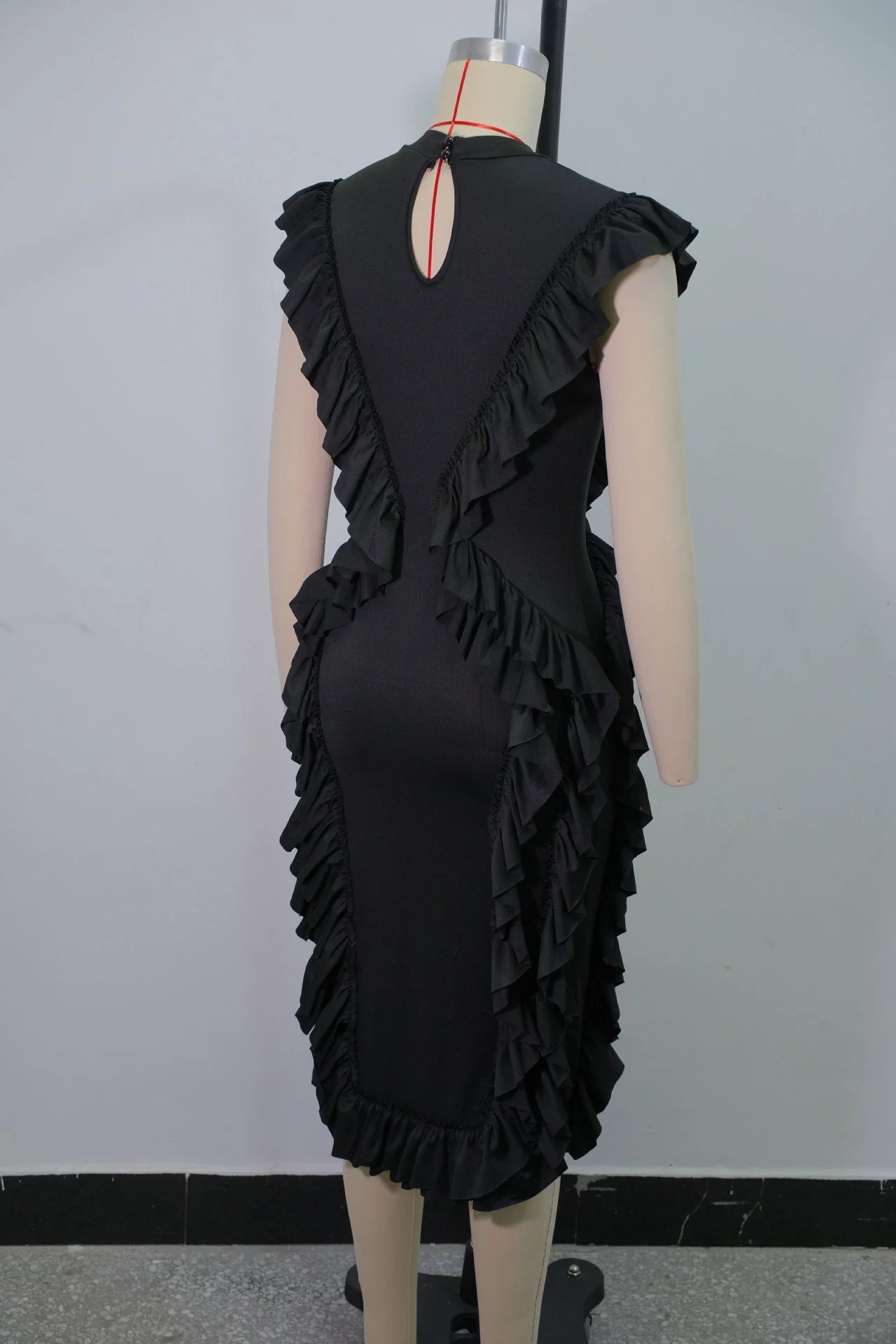 Women Plus Size Skinny Dress Round Neck Tassel Ruffle Hem