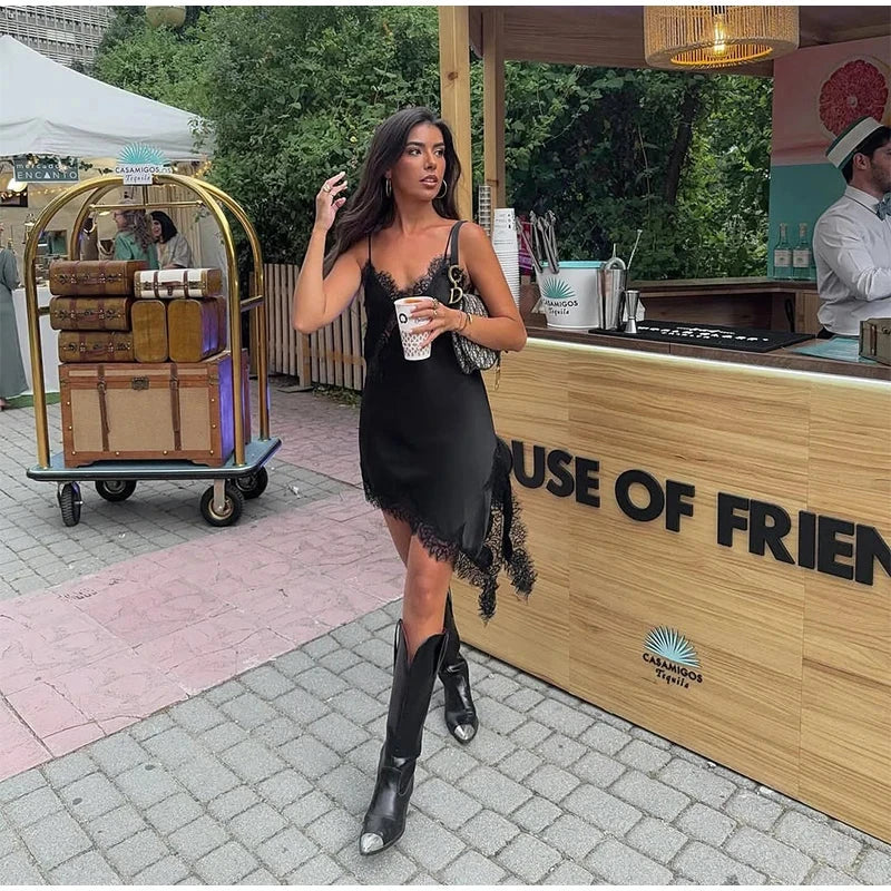 Sexy Lace Patchwork Sling Dress Women Satin Off-shoulder GlowCart