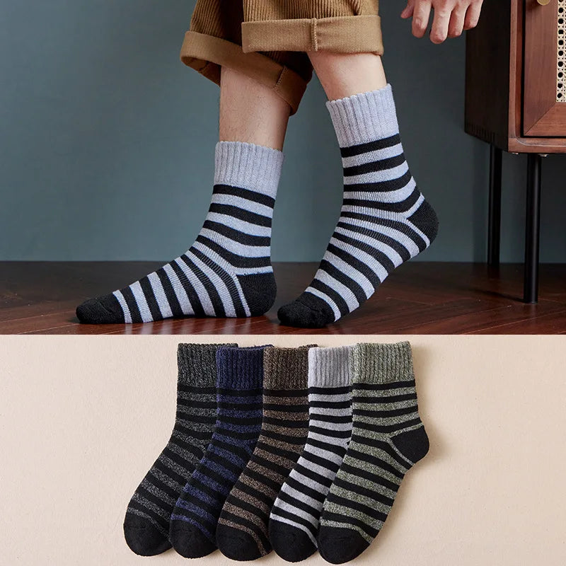 Winter Men Thick Warm Wool Socks Plaid Harajuku Retro Large Size Snow Leisure Antifreeze Cashmere Long Socks Calcetines GlowCart