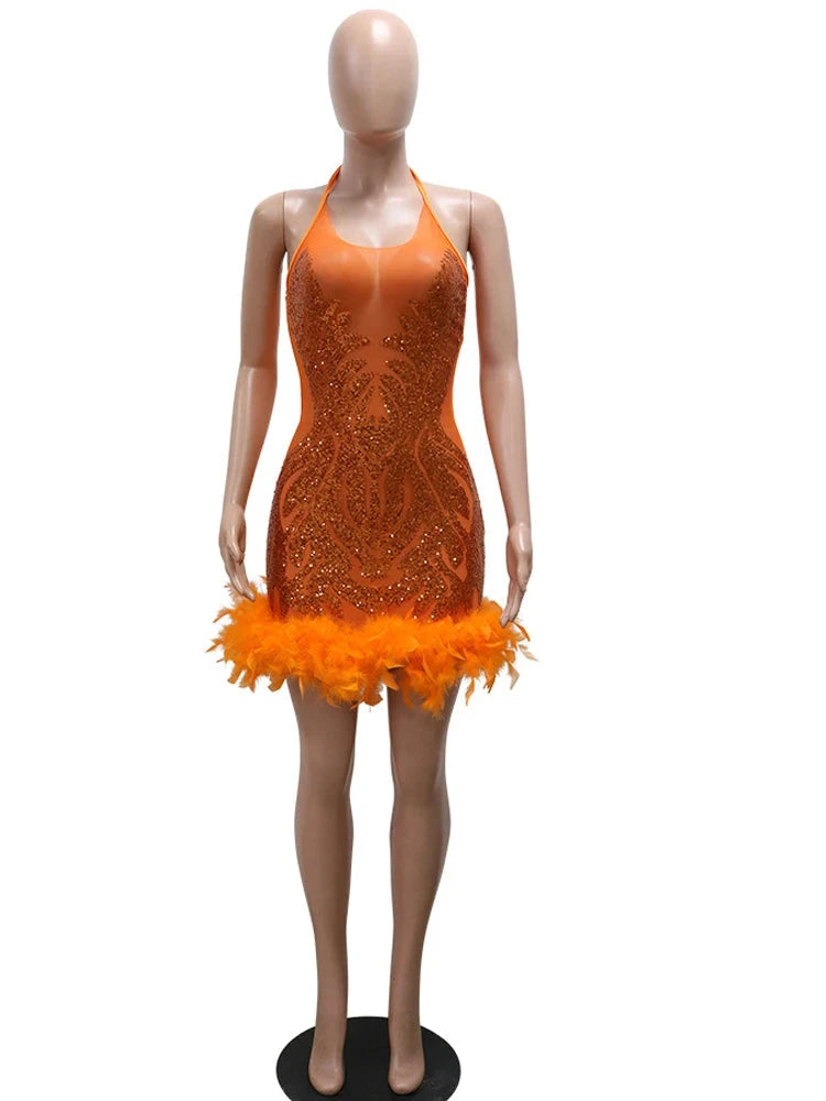 Beyprern Beautiful Mesh Sequin Feather Glam Dress Luxury GlowCart