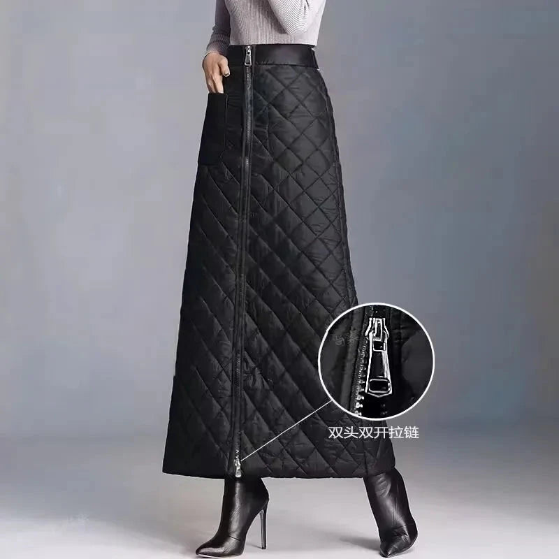 Autumn Winter Thick Warm Down Cotton Padded Skirts Women High Waist Windproof Belt Warm Puffer Skirts Large Size Long Skirts 5XL GlowCart