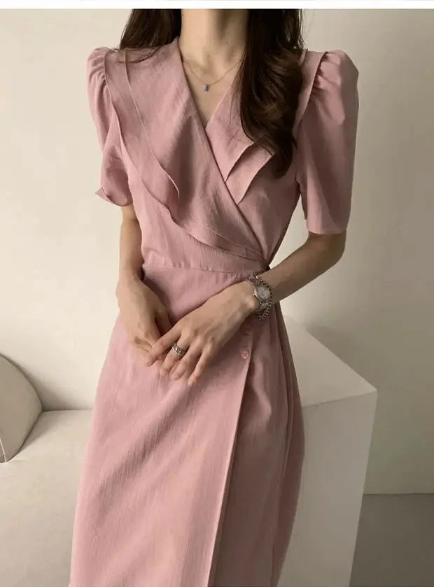 Summer New Chic V-ne Turn-down Collar Slimming Waist Midi Dr GlowCart