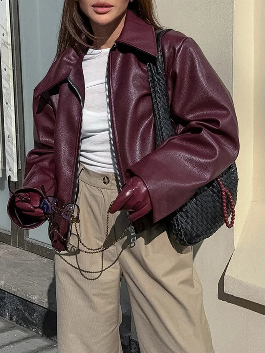 Women s Faux Leather Moto Jacket with Removable Hood Vintage GlowCart