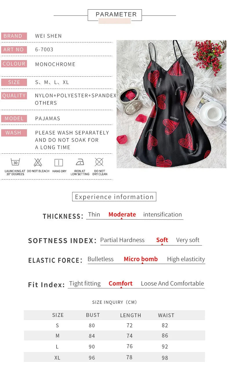 Valentine's Day Red Lip Print Satin Slip Nightdress V Neck GlowCart