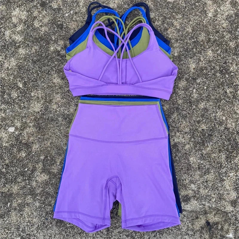 Solid Color Gym Bike Yoga Set Short Legging Cross Back Sport GlowCart