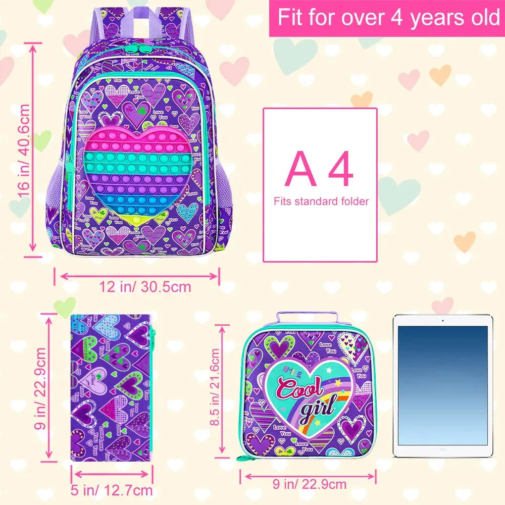 3PCS  Backpack for Girls, 16" Kids Backpacks with Lunch Box, Water Resistant Girl Bookbag for School Elementary GlowCart