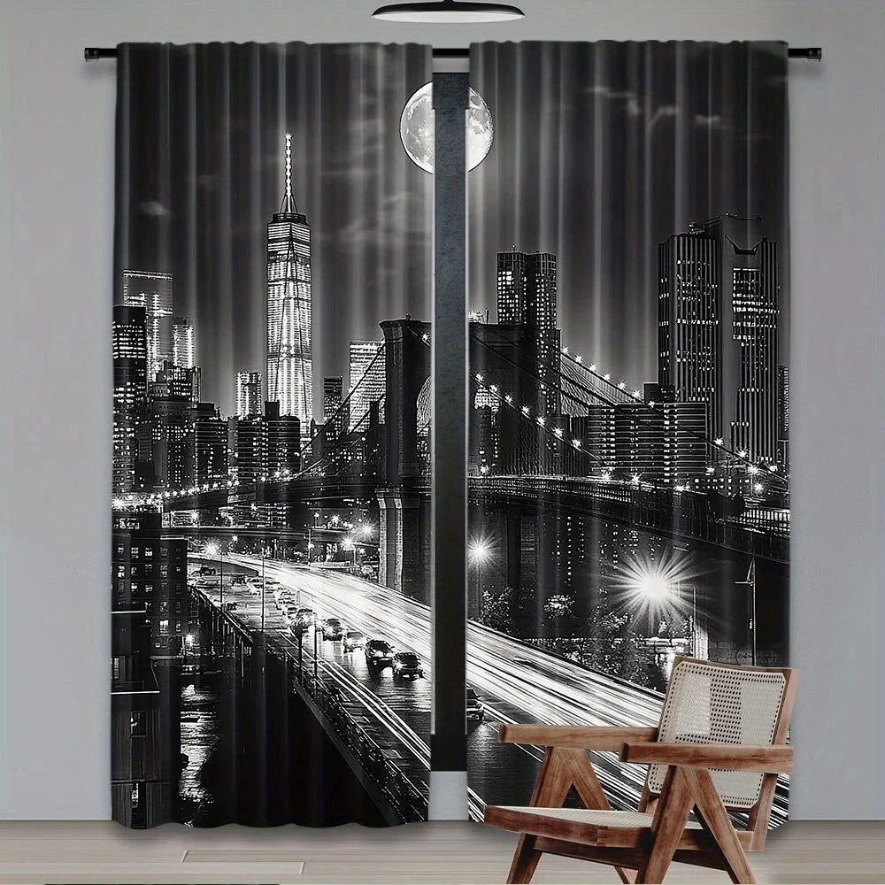 2PC New York Skyline Blackout Curtains - Woven Polyester GlowCart