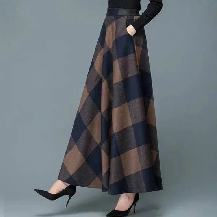 Autumn Winter Plaid A- Line Midi Skirt Women's Retro plus Size High Waist Slimming Long Skirt Floral Embellished Fullness GlowCart