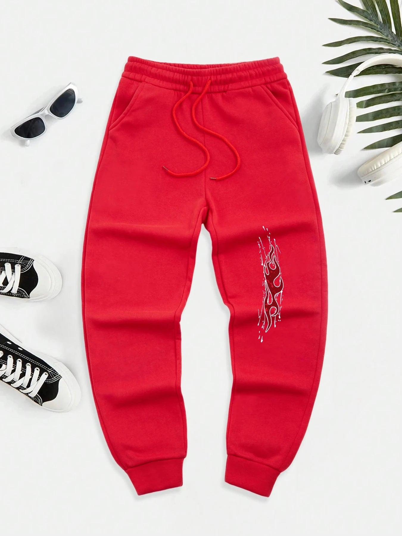 Dark Red Flame Print Men New Drawstring Jogging Pant Autumn GlowCart