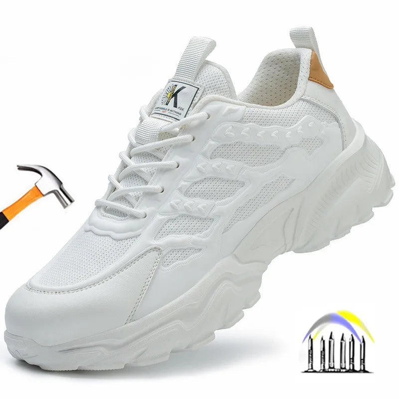 white work shoes lightweight comfortable safety shoes man women work shoes with a steel toe puncture proof safety work sneakers GlowCart