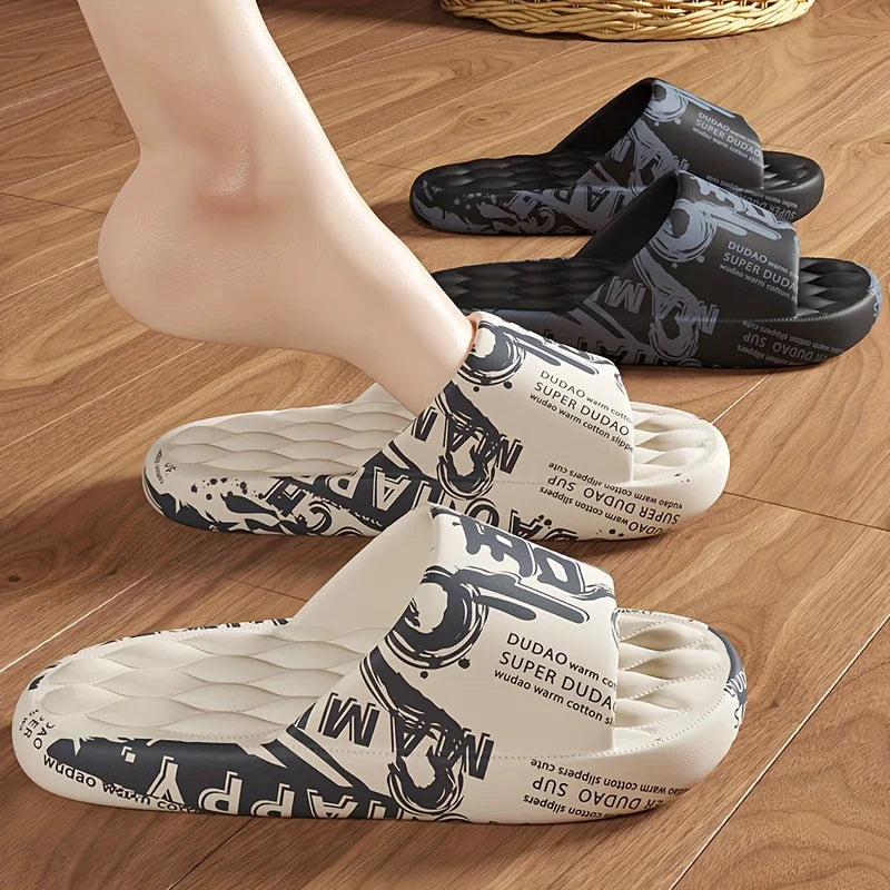Plus Size 48-49 Graffiti Men Slippers Sole EVA Indoor Open Toe Flip Flops Beach Slides Flat Sandals Printing Cartoon Slides GlowCart