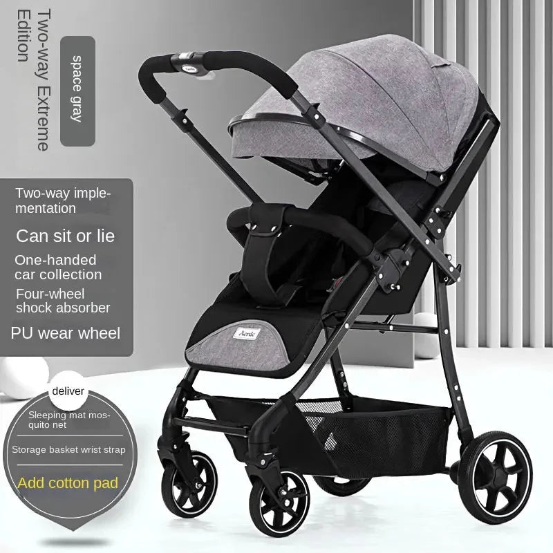 Portable Baby Stroller Can Sit and Lie Down With One Key Folding Bidirectional High View Shock Absorption Universal Wheel GlowCart