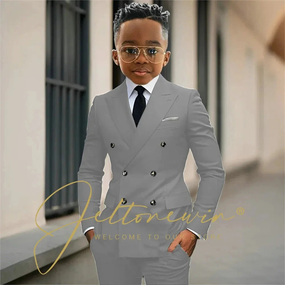Boy's Beige Suit Set Double Breasted Blazer Pants 2 Pieces Classic kids Wedding Tuxedos Children Party Suits outfits GlowCart