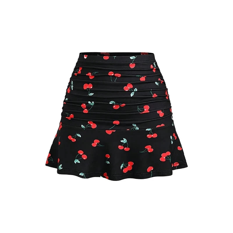 Summer Women's Swimsuit Cherry Print Ruffled Skirt Tight GlowCart