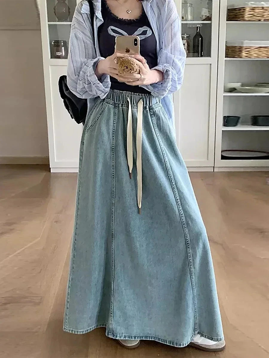 Harajuku Denim Skirt y2k Aesthetic Elastic Drawstring High Waist A Line Flare Jean Skirt Ladies Vintage Skirts Streetwear GlowCart