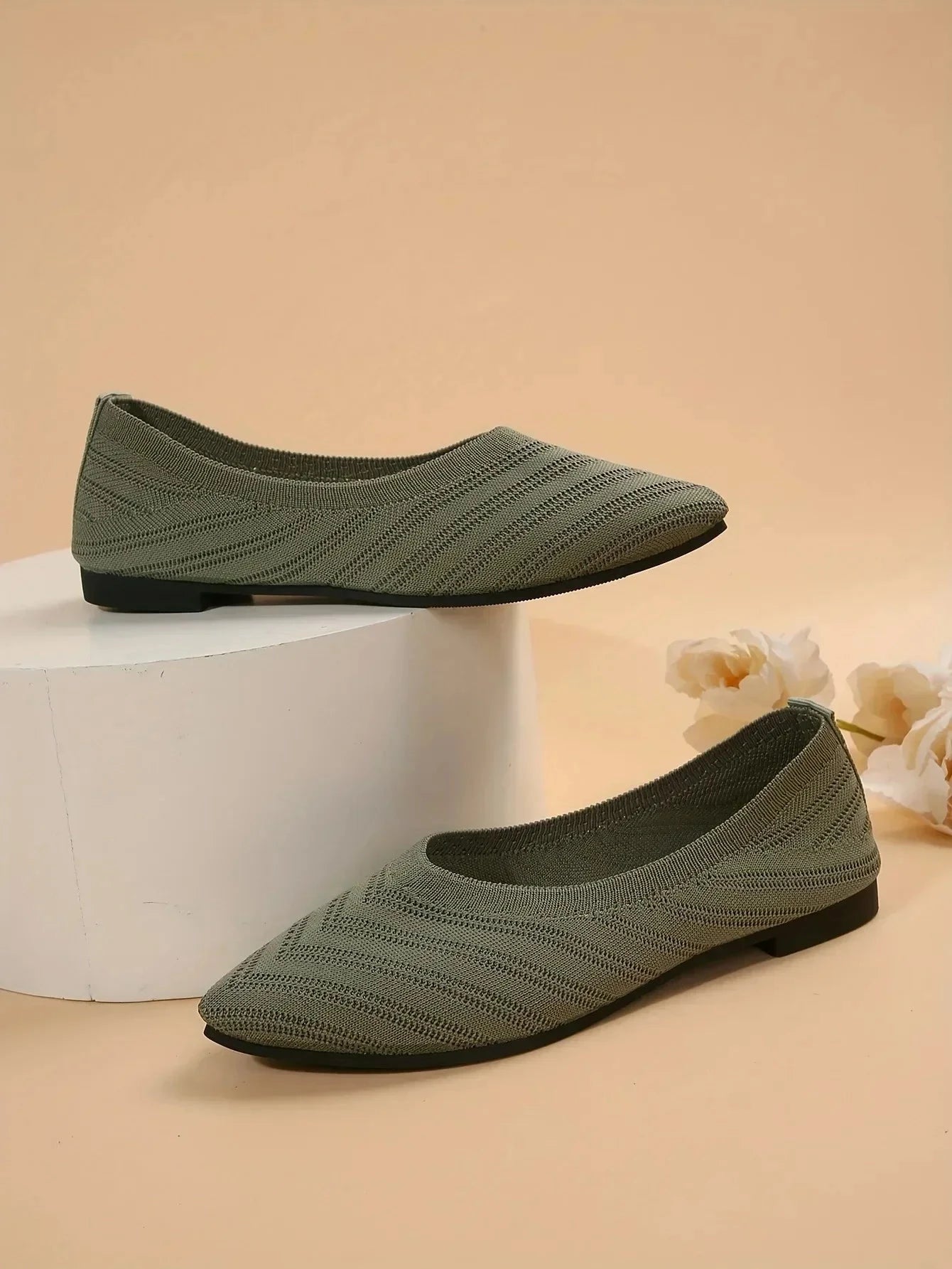 New 2024 Pointed Toe Flat Office Boat Solid Color Knitted GlowCart