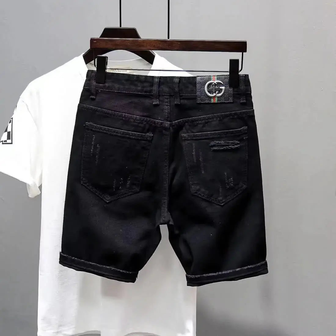 Summer Casual Men's Denim Shorts Korean Straight Washed Jeans Short Ins Ripped Cat Whisker Ink Splash Plaid Black Five-Pants GlowCart