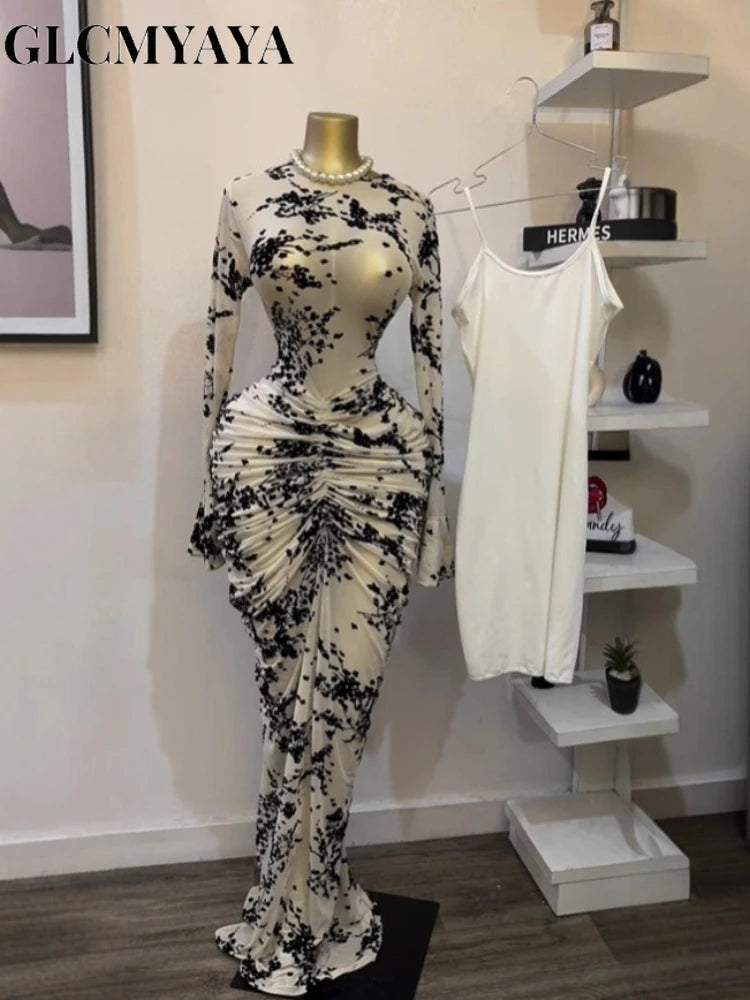 CM.YAYA Women Long Sleeve Stacked Mesh See Though with Lining Bodycon Long Dress 2025 Autumn Evening Birthday Sexy Party Dresses GlowCart