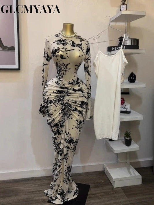 CM.YAYA Women Long Sleeve Stacked Mesh See Though with Lining Bodycon Long Dress 2025 Autumn Evening Birthday Sexy Party Dresses GlowCart