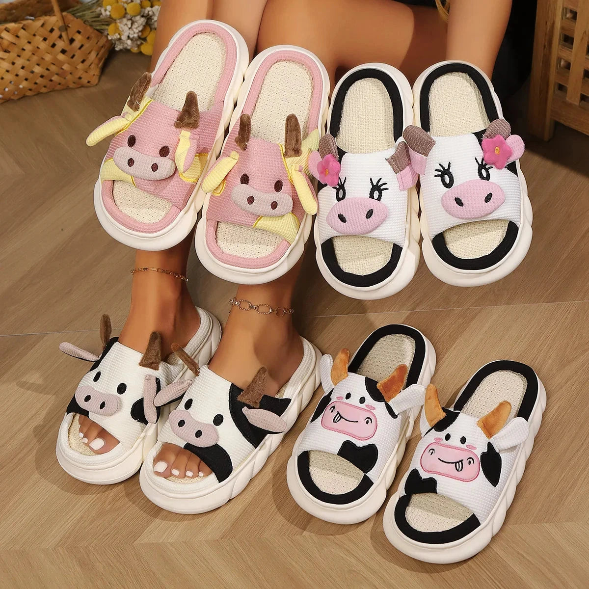 Cartoon Cute Cow House Slippers Women Platform Soft Sole GlowCart