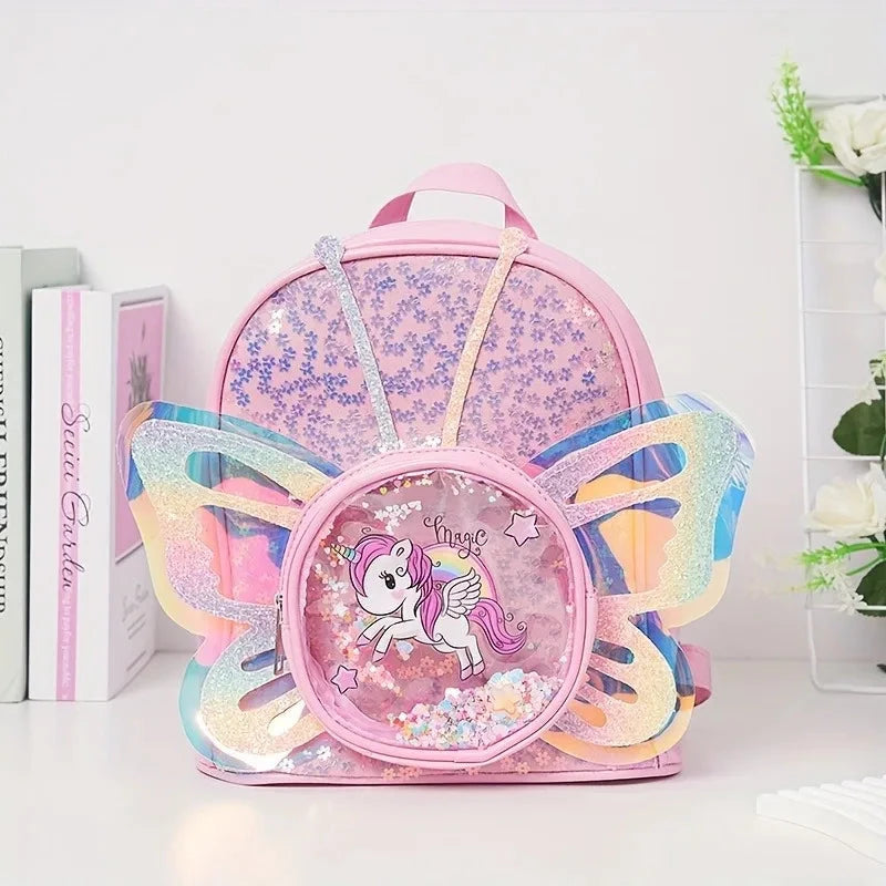 Toddlers Backpack Cartoon Unicorn Schoolbag Sequin Transparent Butterfly Wings Bookbag for Girl Kids Waterproof School Bag 2024 GlowCart