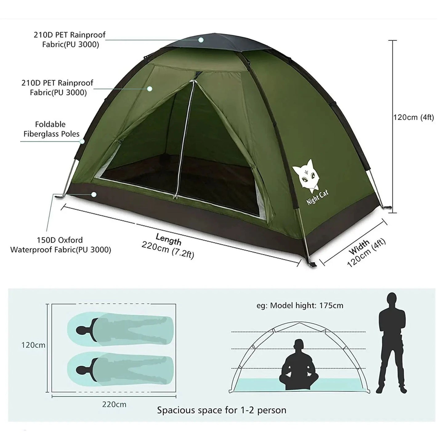 Night Cat Tent for 1 to 2 Persons, Lightweight Waterproof GlowCart