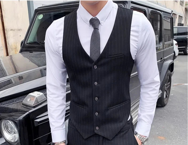 Fashion Men Business Checkered Striped Suit Vest Black / GlowCart