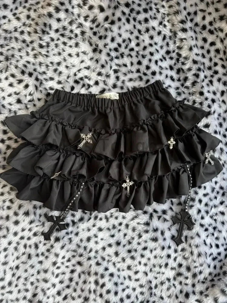 Summer Gothic Y2k Elastic Waist Cross Short Skirt Women High GlowCart
